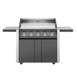 1600 Series Dark 5 Burner BBQ & Trolley W/ Side Burner, Cast Iron Burners & Grills