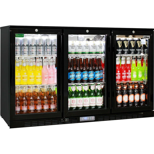 Commercial Glass 3 Door Black Under Bench Bar Fridge With Heated Glass To Stop Condensation 3 Commercial Glass 3 Door Black Under Bench Bar Fridge With Heated Glass To Stop Condensation