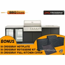 Crossray Kitchen BBQ Burner Double Side Cabinets With 1 X Flat Benchtop, Under Bench Sink And Double Black Fridge - TC4K-10-BUN With Bonus Accessories